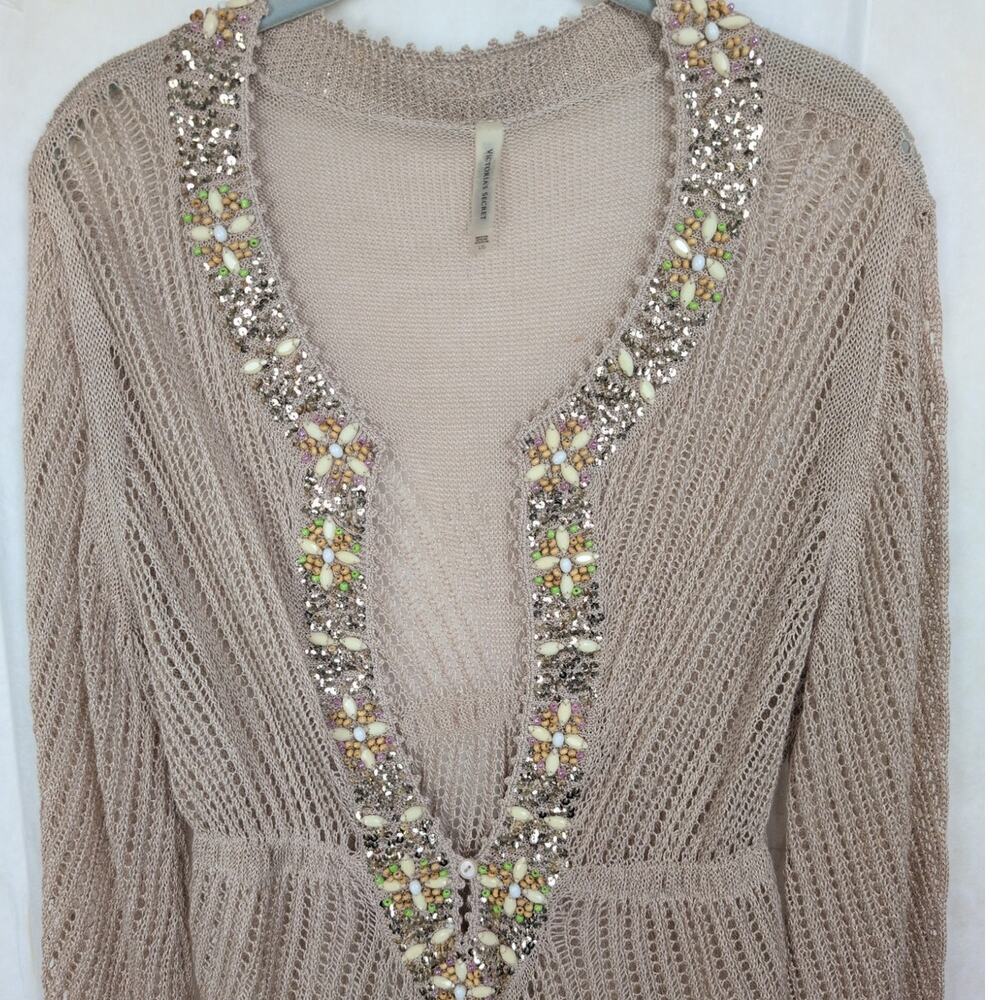 Victorias Secret tan beaded flax/linen open knit cover up sweater Lrg Coastal - Picture 5 of 10